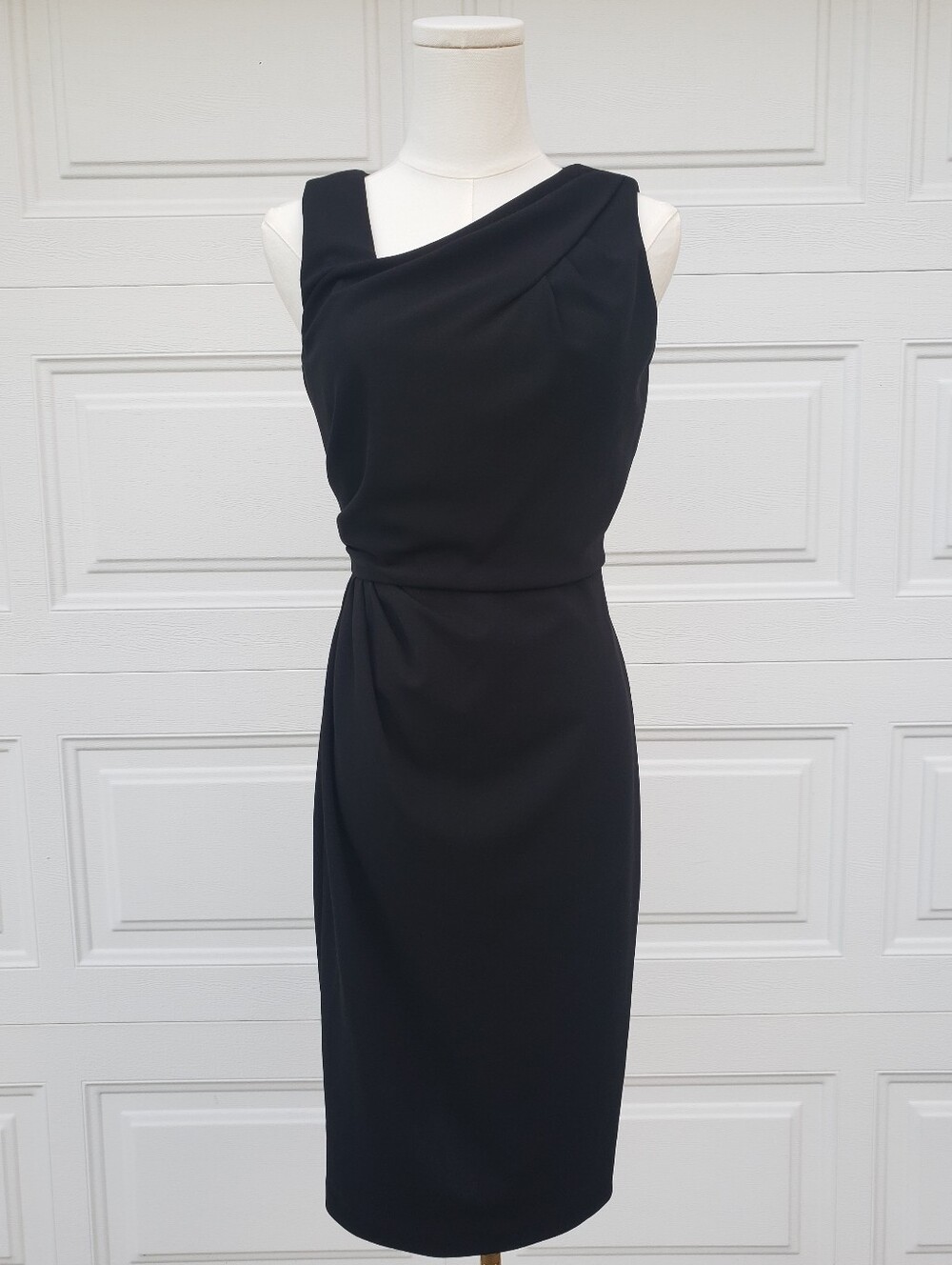 Calvin Klein Draped Asymmetrical Neckline Black Sleeveless Midi Sheath Dress 2